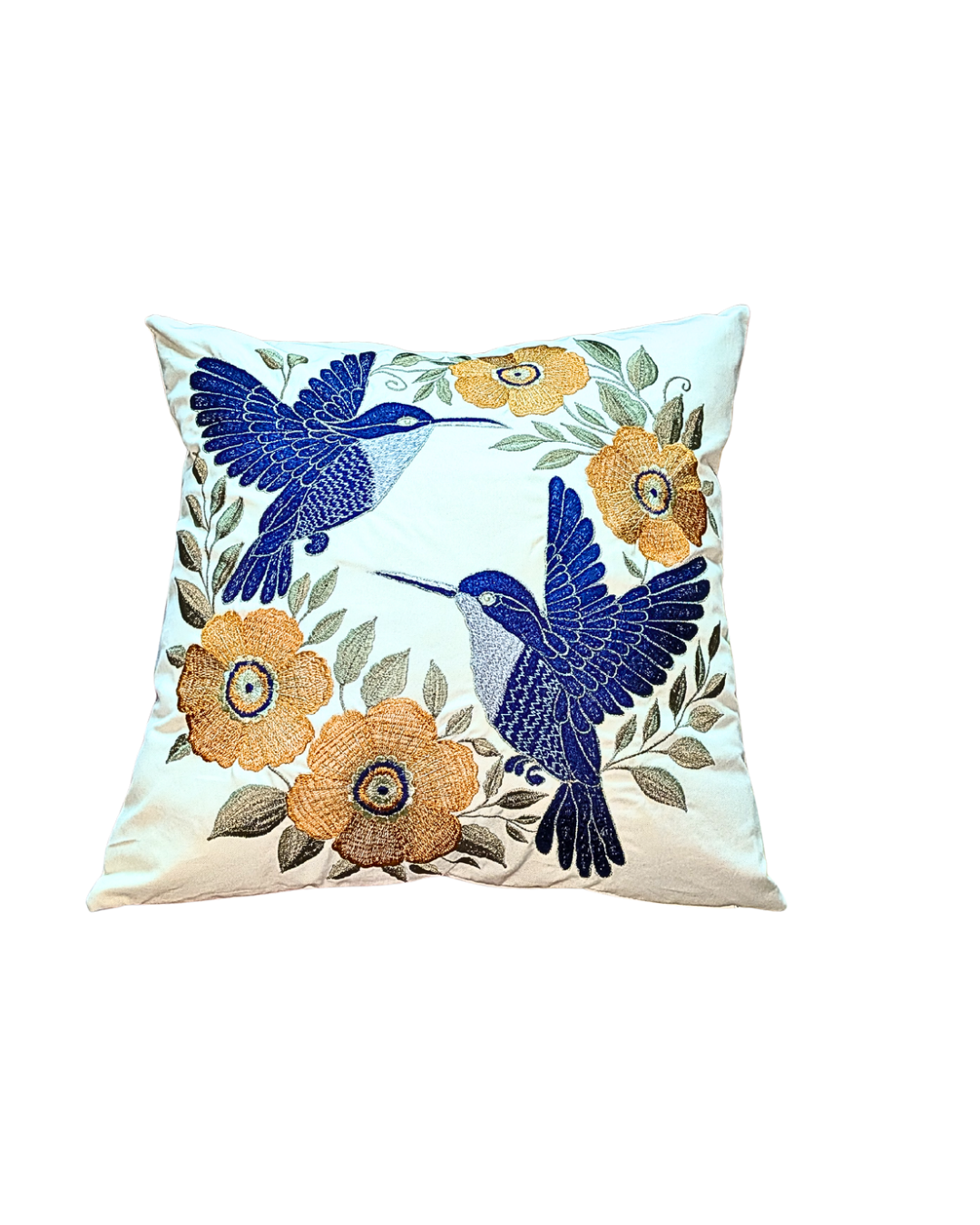 Blossoms embroidered cotton off white Cushion Cover | 16x16* inch | floral and bird embroidered cushion covers | pack of 1