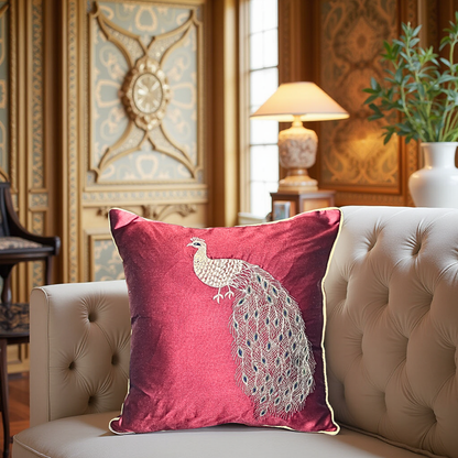 Blossoms Designer zari peacock embroidered cushion cover with silk mehroon fabric . 16x16 inch set of 1 pc .