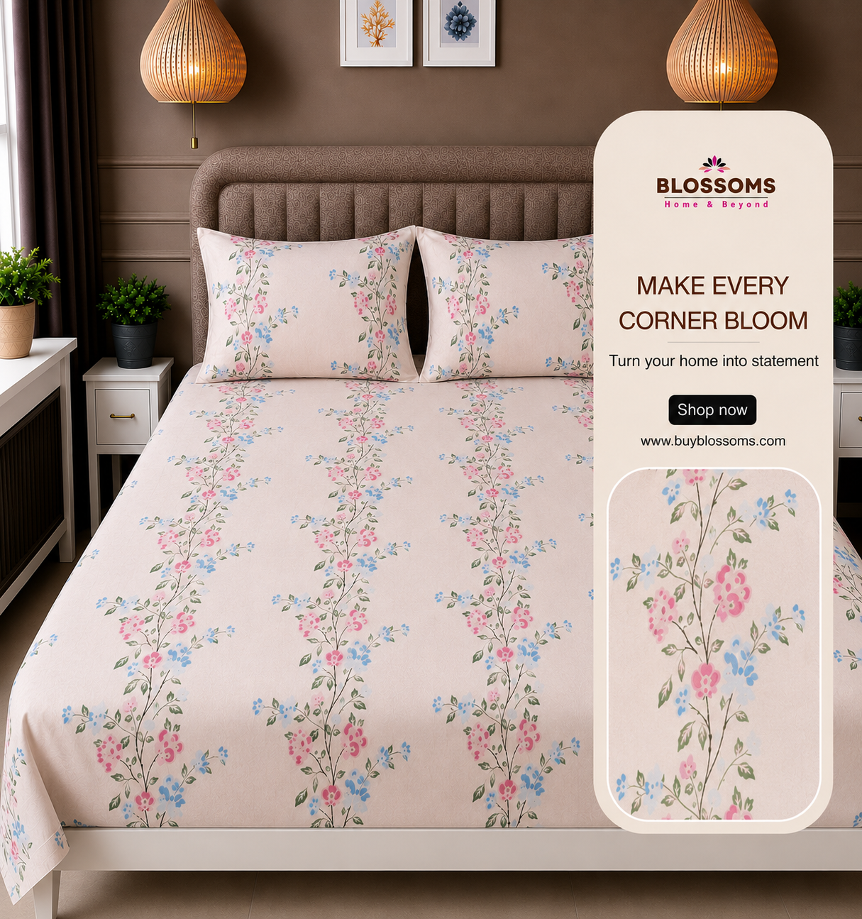 Blossoms Printed pure cotton bedsheet with 2 pillow cases .