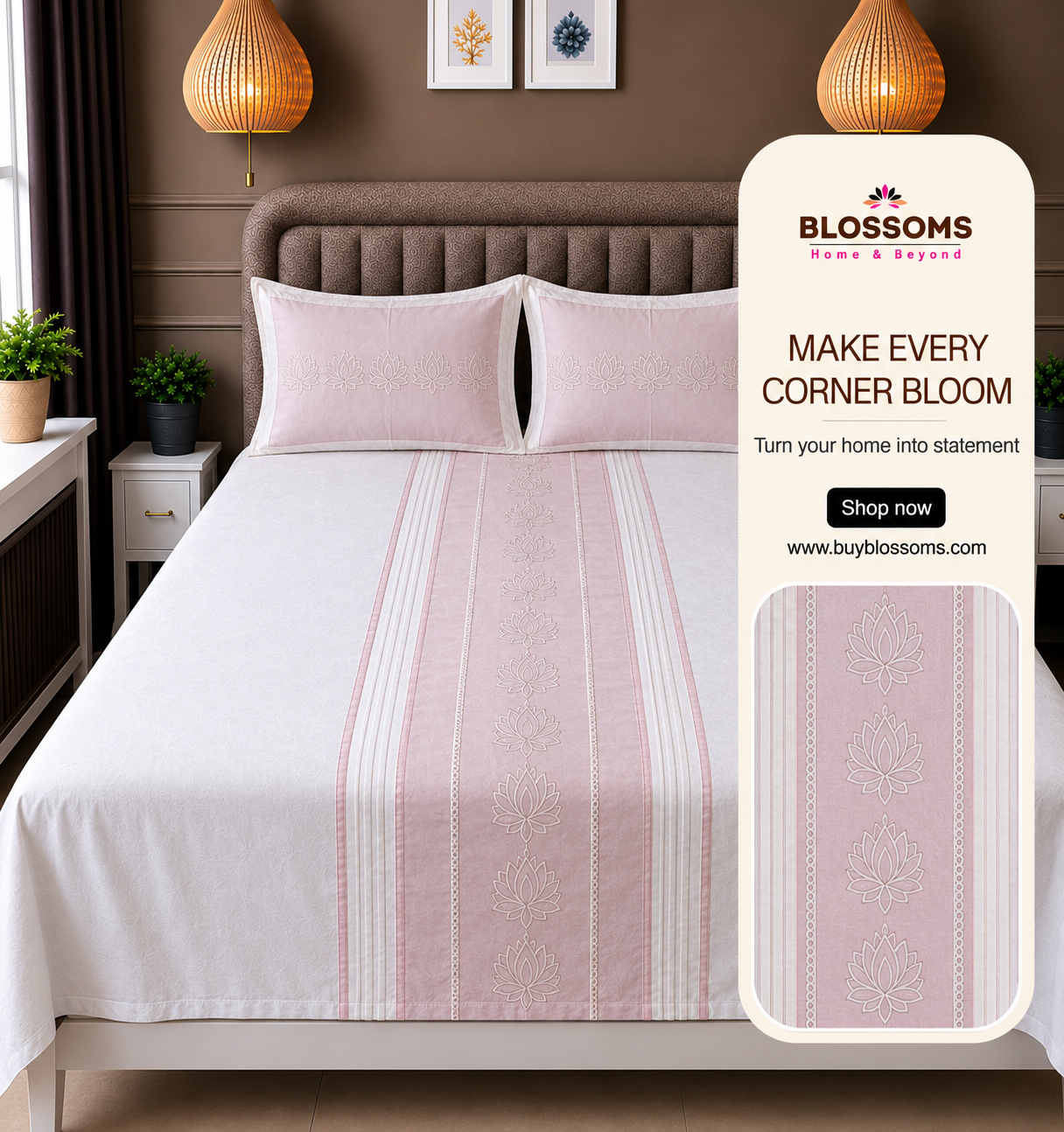 Blossoms embroidered designer bedsheet with 2 pillows (baby pink)