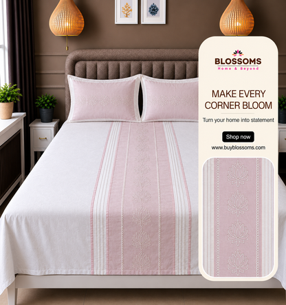 Blossoms embroidered designer bedsheet with 2 pillows (baby pink)