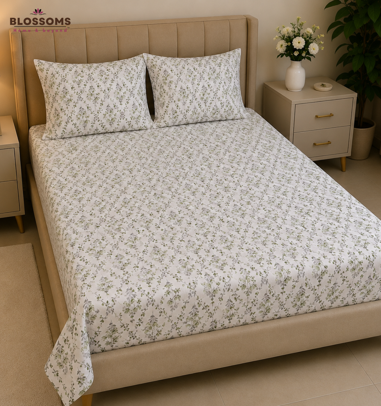 Blossoms Printed pure cotton bedsheet with 2 pillow cases .