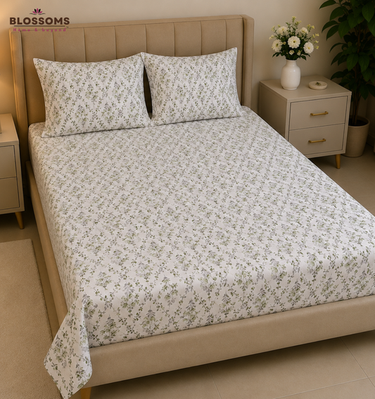 Blossoms Printed pure cotton bedsheet with 2 pillow cases .