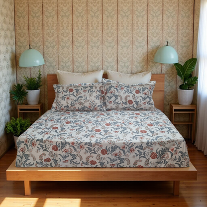 Blossoms Premium printed Digital print 500 Tc king size bedsheet with 2 pillows.