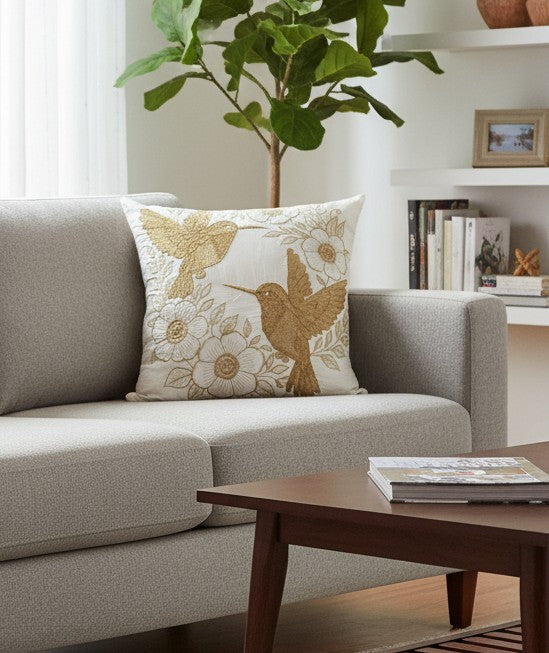 Blossoms embroidered Off white cotton Cushion Cover | 16x16 inch cushion covers| floral embroidery | pack of 1