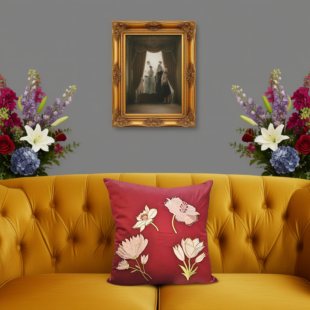 Blossoms embroidered Mehroon cotton silk Cushion Cover | 16x16 inch cushion covers| floral embroidery | pack of 1