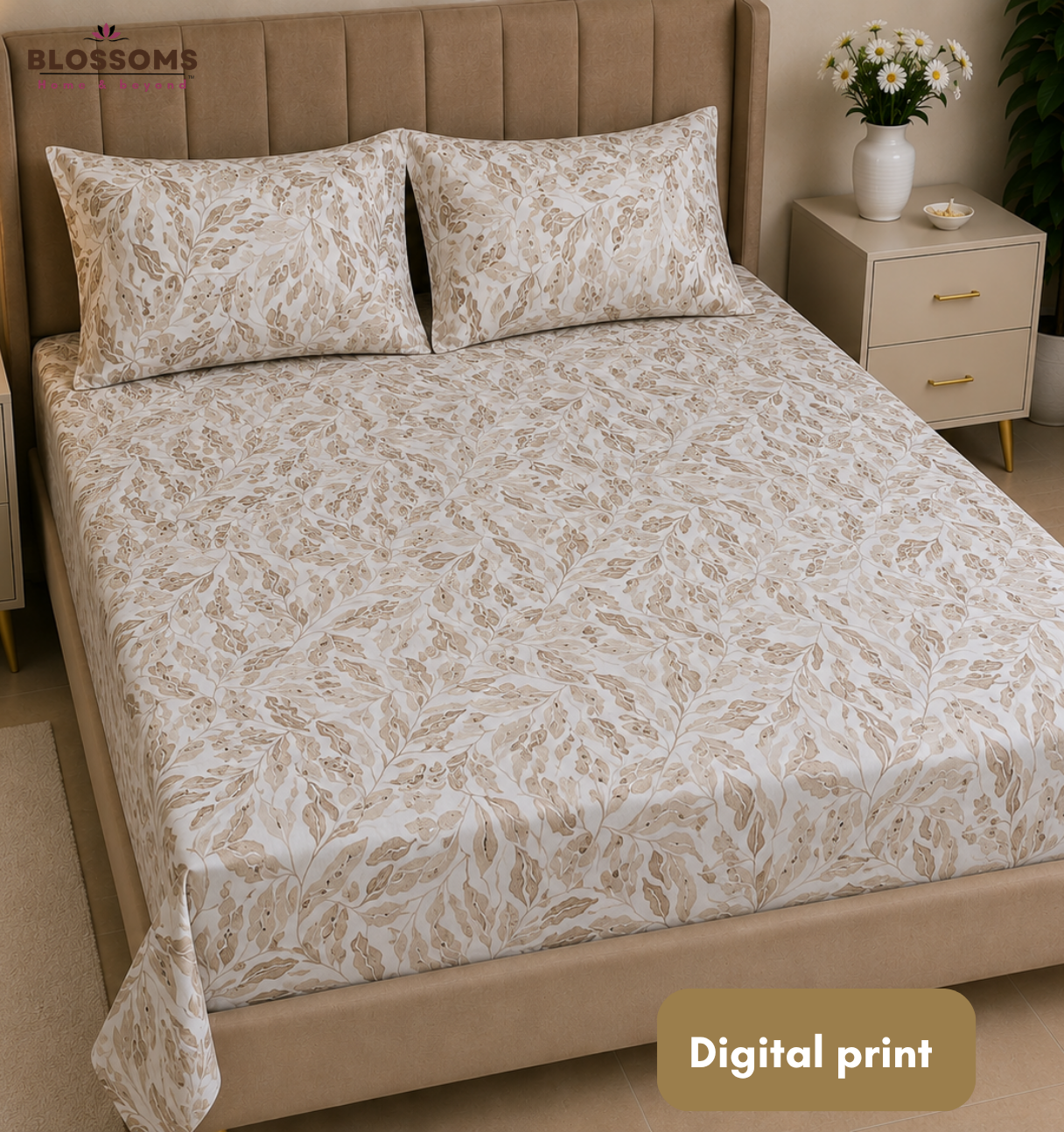 Blossoms Digital Print pure cotton bedsheet with 2 pillow cases .