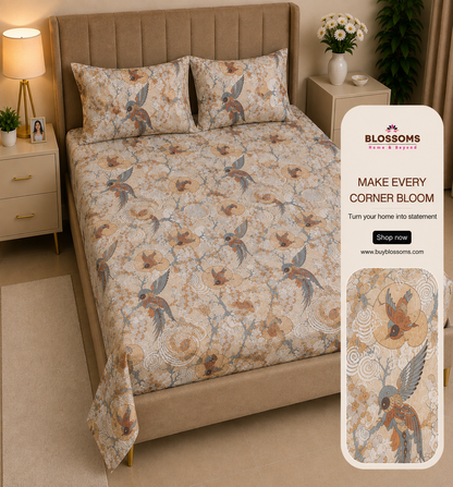 Blossoms digital print pure cotton bedsheet with 2 pillow cases .