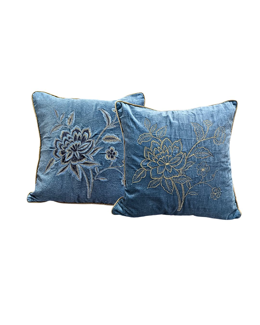 Blossoms  Blue velvet fabric Cushion cover embroidery | 16x16 inch | super premium zari embroidery | |pattern cushion covers | pack of 2