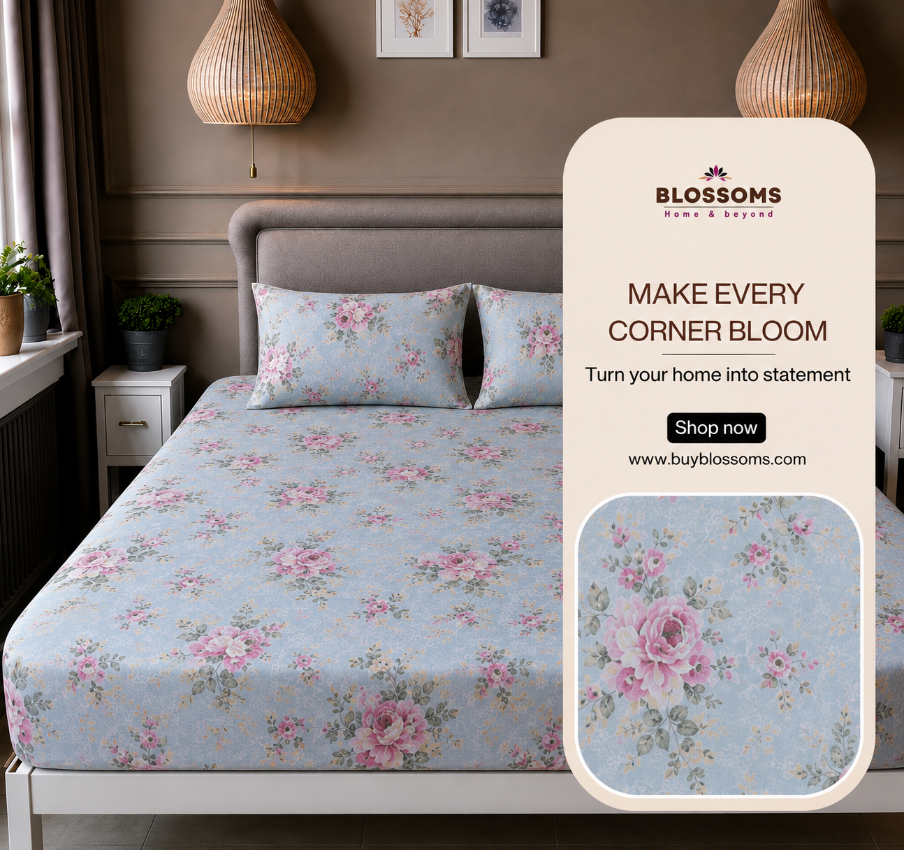 Blossoms Printed pure cotton bedsheet with 2 pillow cases .