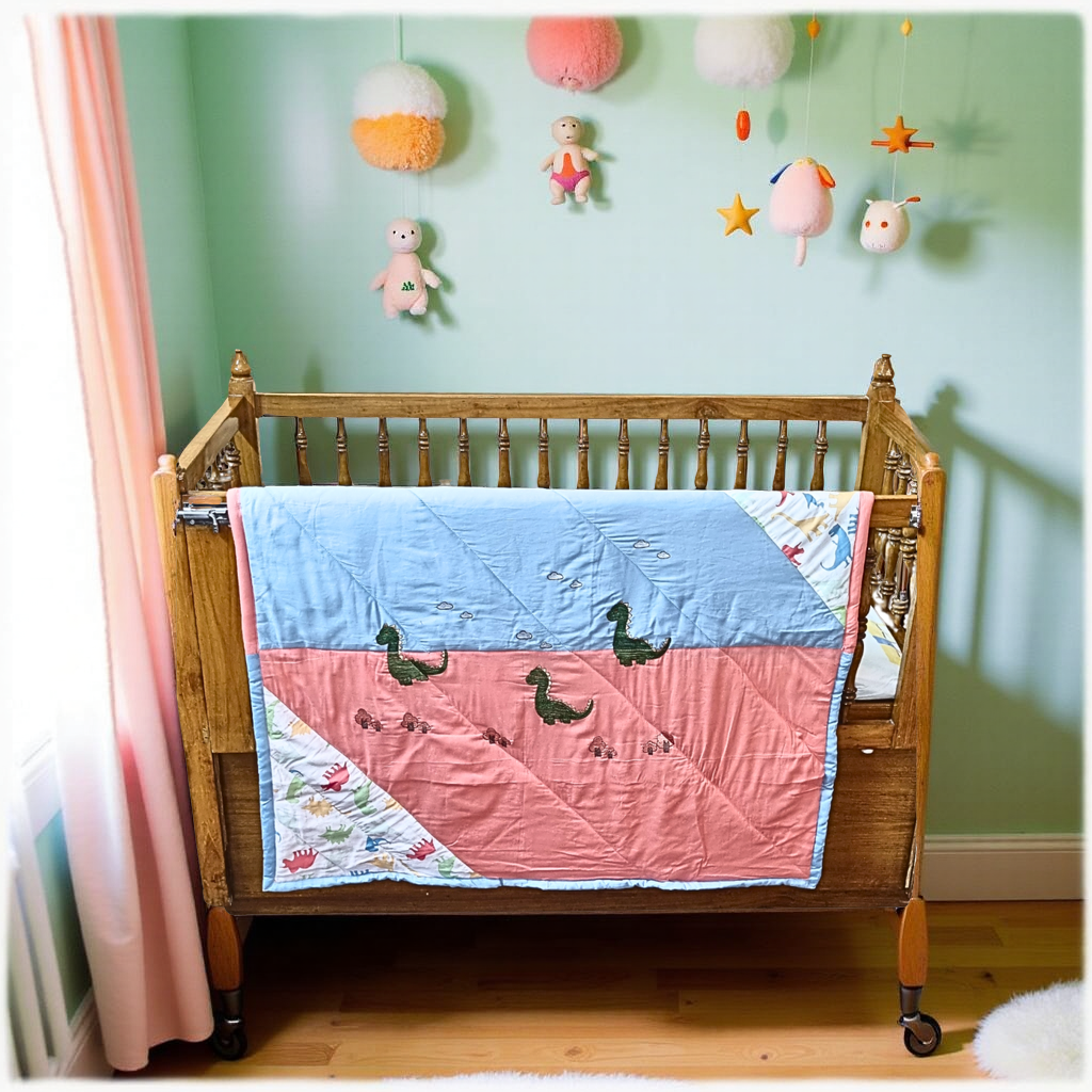 Blossoms Kids bedding set 1 bedsheet (36"x50") 1 pillow (12"x15") with filler with dinosaurs embroidered and 2 bolster(15"x15") with cover, 1 bichoni -(25"x35"), 1 quilt (30"x40") upto 3 years)