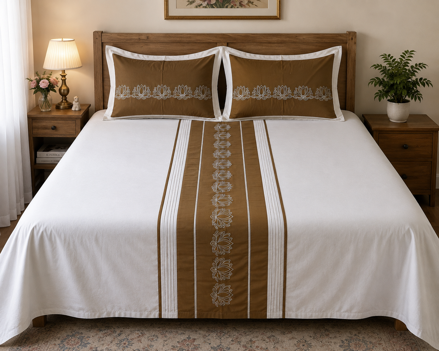Blossoms embroidered designer bedsheet with 2 pillows .