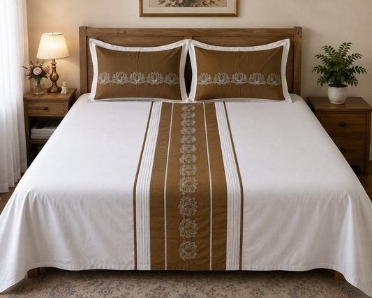 Blossoms embroidered designer bedsheet with 2 pillows .