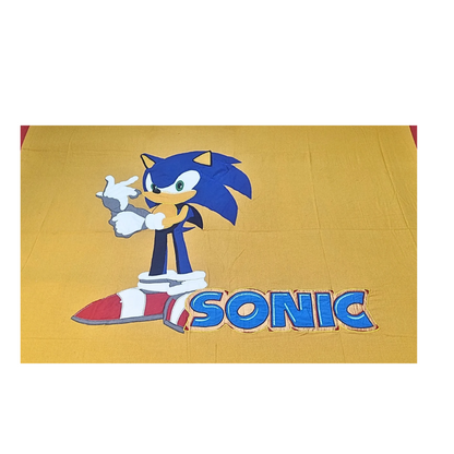 Blossoms kids mustard yellow pure double bed cotton bedsheet with sonic cartoon character embroided patch work with 2 pillows . Set of 3