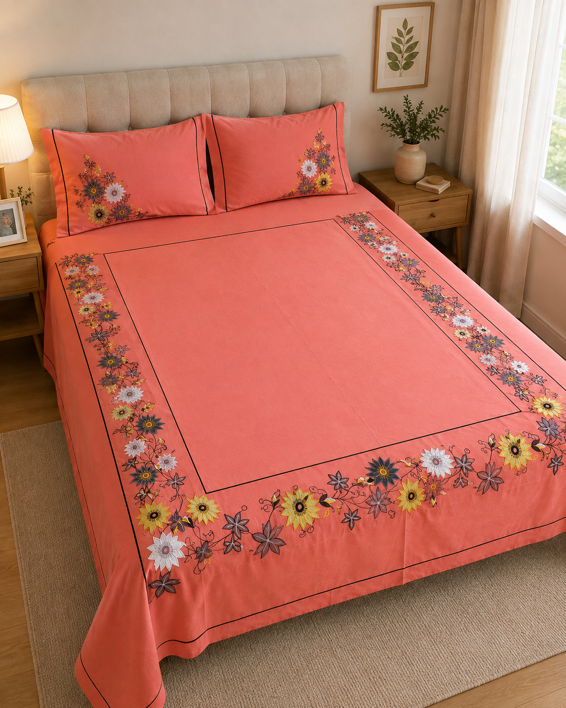 Blossoms designer embroidered patchwork bedsheet. 100*100 inch .