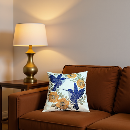 Blossoms embroidered cotton off white Cushion Cover | 16x16* inch | floral and bird embroidered cushion covers | pack of 1