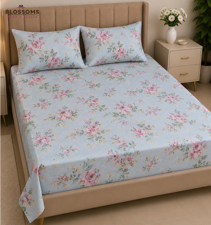 Blossoms Printed pure cotton bedsheet with 2 pillow cases .