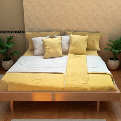 Blossoms 9 pc beige and off white bedding set with soft and durable micro cotton fabric . Includes 1 comforter(reversible) ,1 dohar reversible, 1 bedsheet , 2 pillows and 4 cushion covers only .
