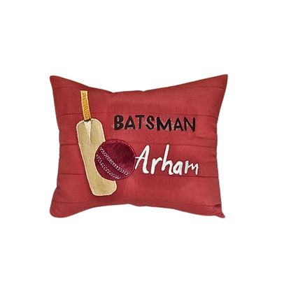 "Cricket" theme embroidered personalised cushion.Best for gifting.Name can be changed