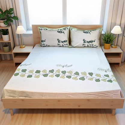 Blossoms designer offwhite embroided patchwork bedsheet. Pure cotton fabric with king size |2 pillow covers|.