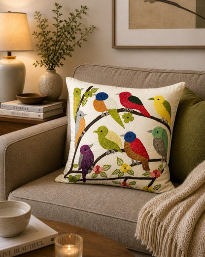 Blossoms embroidered off white cotton Cushion Cover | 16x16 inch cushion covers| Bird embroidery | pack of 1