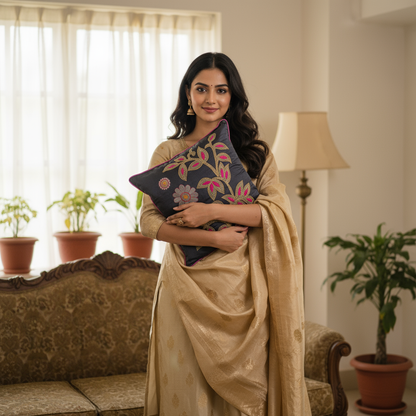 Blossoms blue colour cotton fabric Cushion covers| 16x16 inch | super premium embroidery | pack of 1