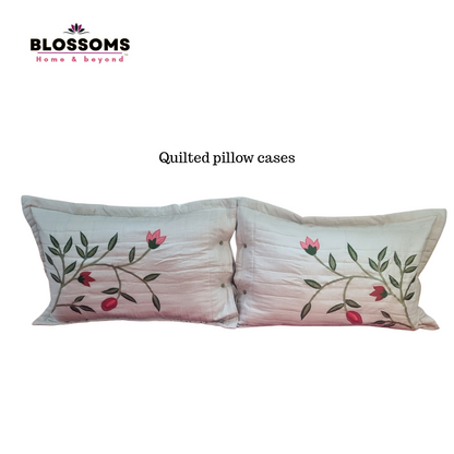 Blossoms peach bedsheet with 2 quilted embroided pillowcovers. Pure cotton , big size bedsheet.