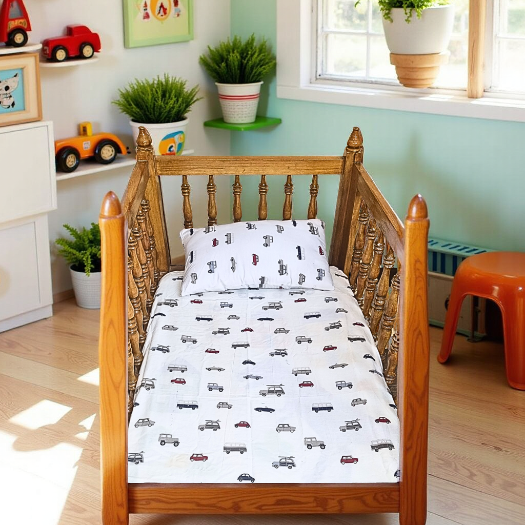 Blossoms pure cotton kids bedding set with car print. 1 bedsheet (45"x60"),1 pillow with filler (12"x20") ideal upto 5 years.