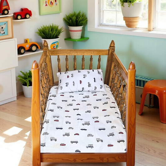 Blossoms pure cotton kids bedding set with car print. 1 bedsheet (45"x60"),1 pillow with filler (12"x20") ideal upto 5 years.