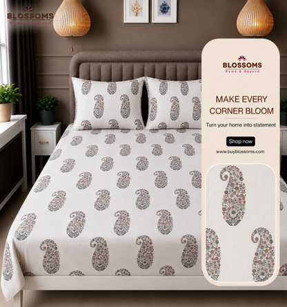 Blossoms Printed pure cotton bedsheet with 2 pillow cases .