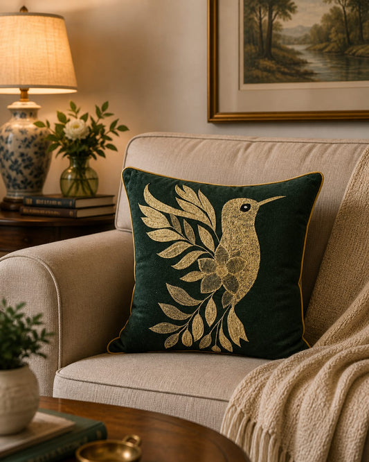 Blossoms embroidered bottle green cotton Cushion Cover | 16x16 inch cushion covers| Bird embroidery | pack of 1