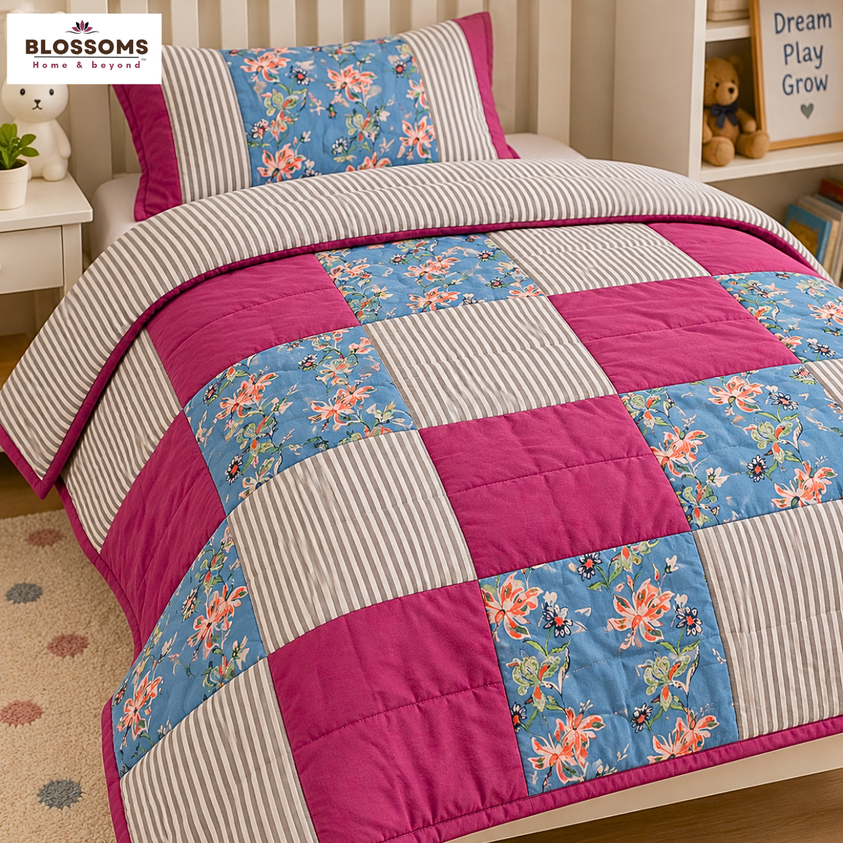 Blossoms Premium patchwork quilt cum bedcover with 2 pillow covers .
