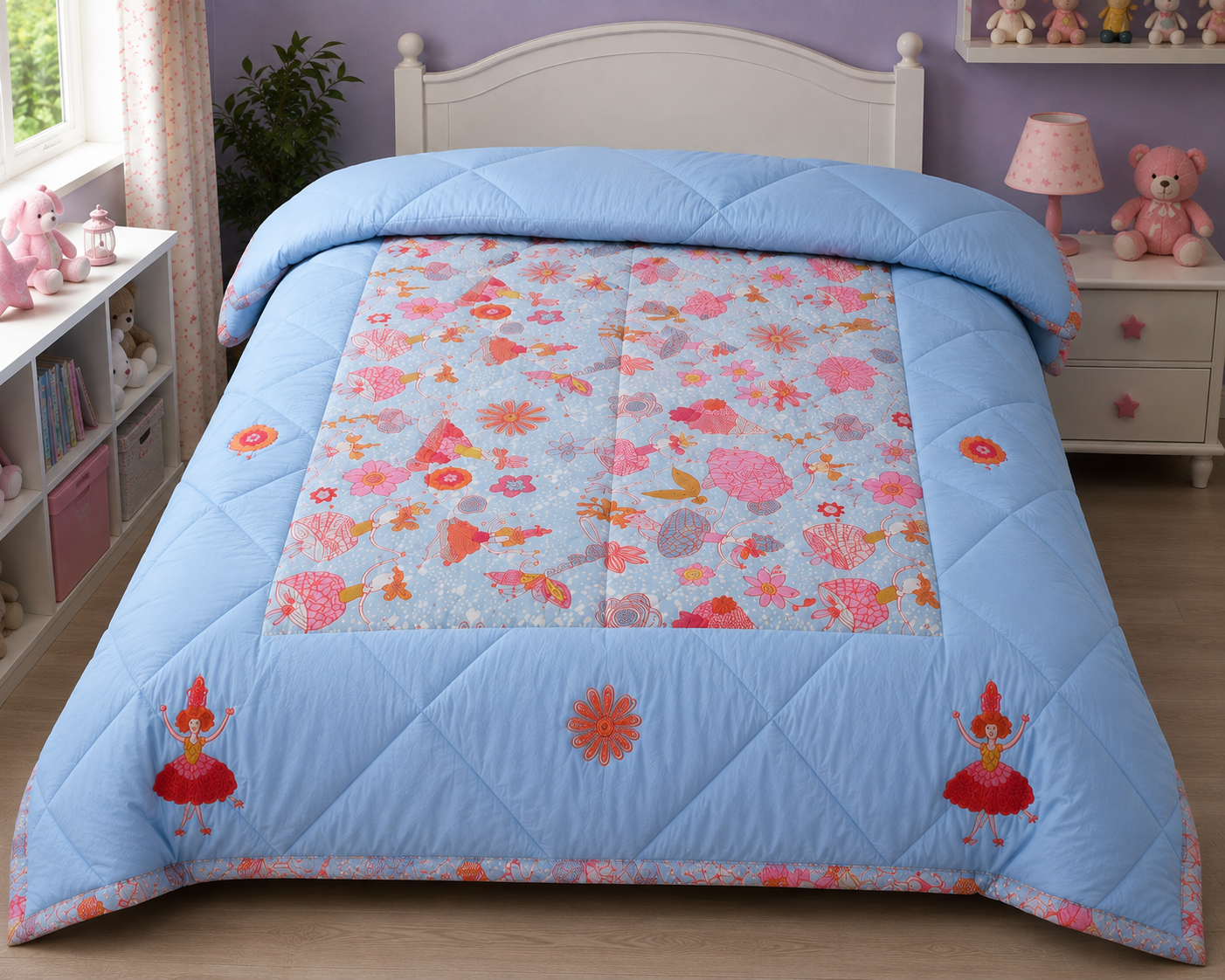 Blossoms kids comforter |girls doll print with embroidery| | Quilted | 60*90 inch .