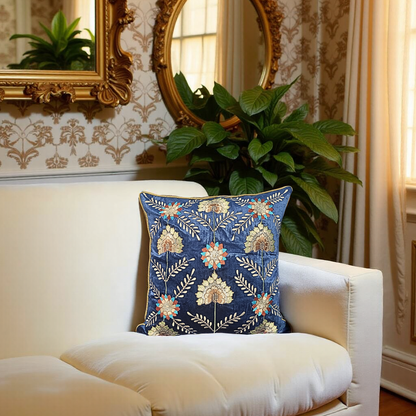 Blossoms Premium embroidery on a blue velvet cushion cover. 16x16 inch 1 unit.