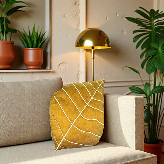 Blossoms Decorative Designer leaf shape Cushion with filler  |Embroidered work|  rust yellow  Fabric|modern Design.