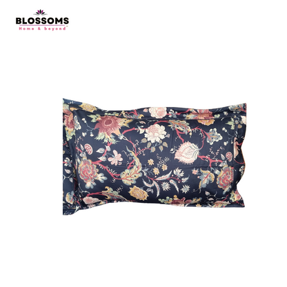 Blossoms Embroidered patch work kalash design on grey bedsheet with highly detailed design and 2 printed pillow covers . Pure cotton fabric.