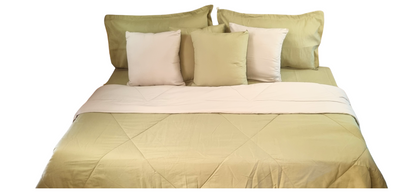 Blossoms 9 pc green and cream bedding set with soft and durable micro cotton fabric . Includes 1 comforter(reversible) ,1 dohar reversible, 1 bedsheet , 2 pillows and 4 cushion covers only .