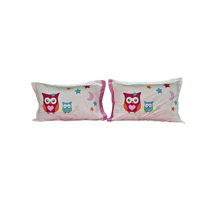 Blossoms kids pink pure cotton bedsheet with owl cartoon character embroided patch work with 2 pillows . Set of 3