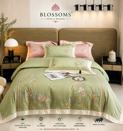 Blossoms designer quilted  embroidered bedcover . 100*100 inch .