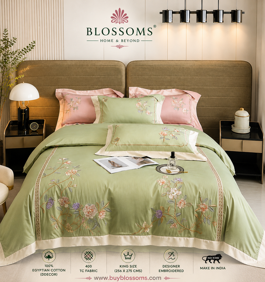 Blossoms designer quilted  embroidered bedcover . 100*100 inch .