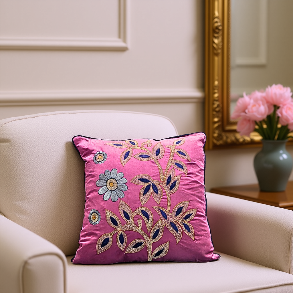 Blossoms magenta colour cotton fabric Cushion covers| 16x16 inch | super premium embroidery | pack of 1