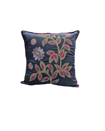 Blossoms highlighter magenta & Blue cotton  fabric Cushion cover embroidery | 16x16 inch | super premium zari embroidery | |pattern cushion covers | pack of 2