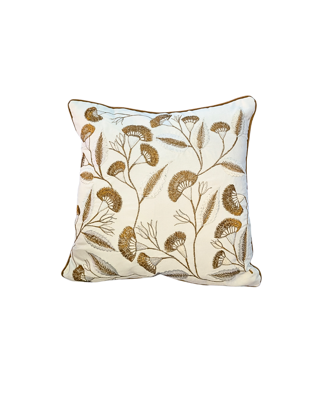Blossoms embroidered combo of 2 cushion covers golden brown velvet and white cotton Cushion Cover | 16x16 inch cushion covers| floral embroidery | pack of 2