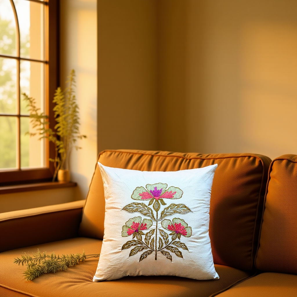Blossoms embroidered off white cotton Cushion Cover | 16x16 inch cushion covers| floral embroidery | pack of 1
