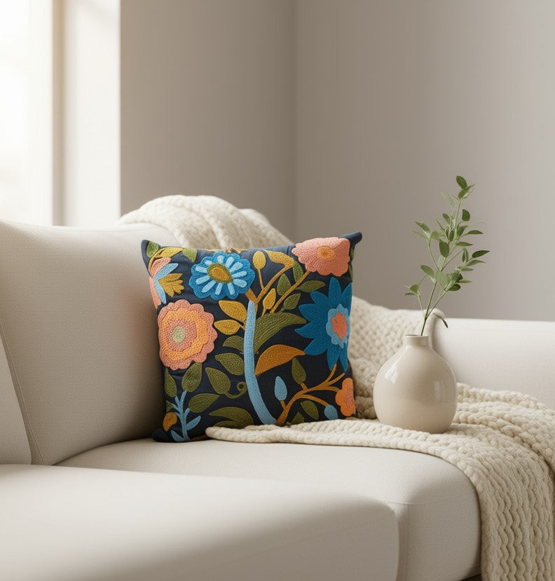 Blossoms embroidered black cotton Cushion Cover | 14*14 inch cushion covers| floral plutch work  embroidery | pack of 1