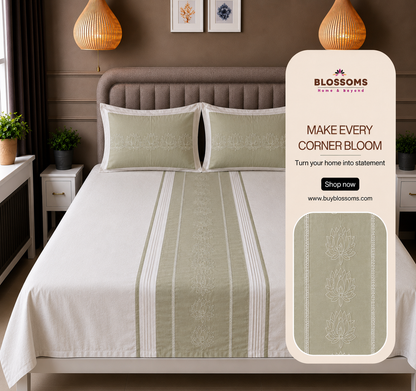 Blossoms embroidered designer bedsheet with 2 pillows (light flouracent green)