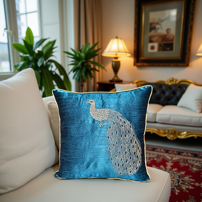 Blossoms Designer zari peacock embroidered cushion cover with silk mehroon fabric . 16x16 inch set of 1 pc .