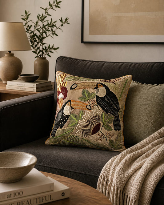 Blossoms embroidered grey velvet Cushion Cover | 16x16 inch cushion covers| Bird embroidery | pack of 1