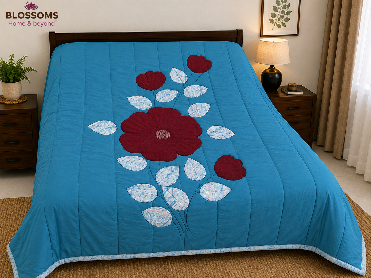 Blossoms patchwork embroidery, quilt cum bedcover