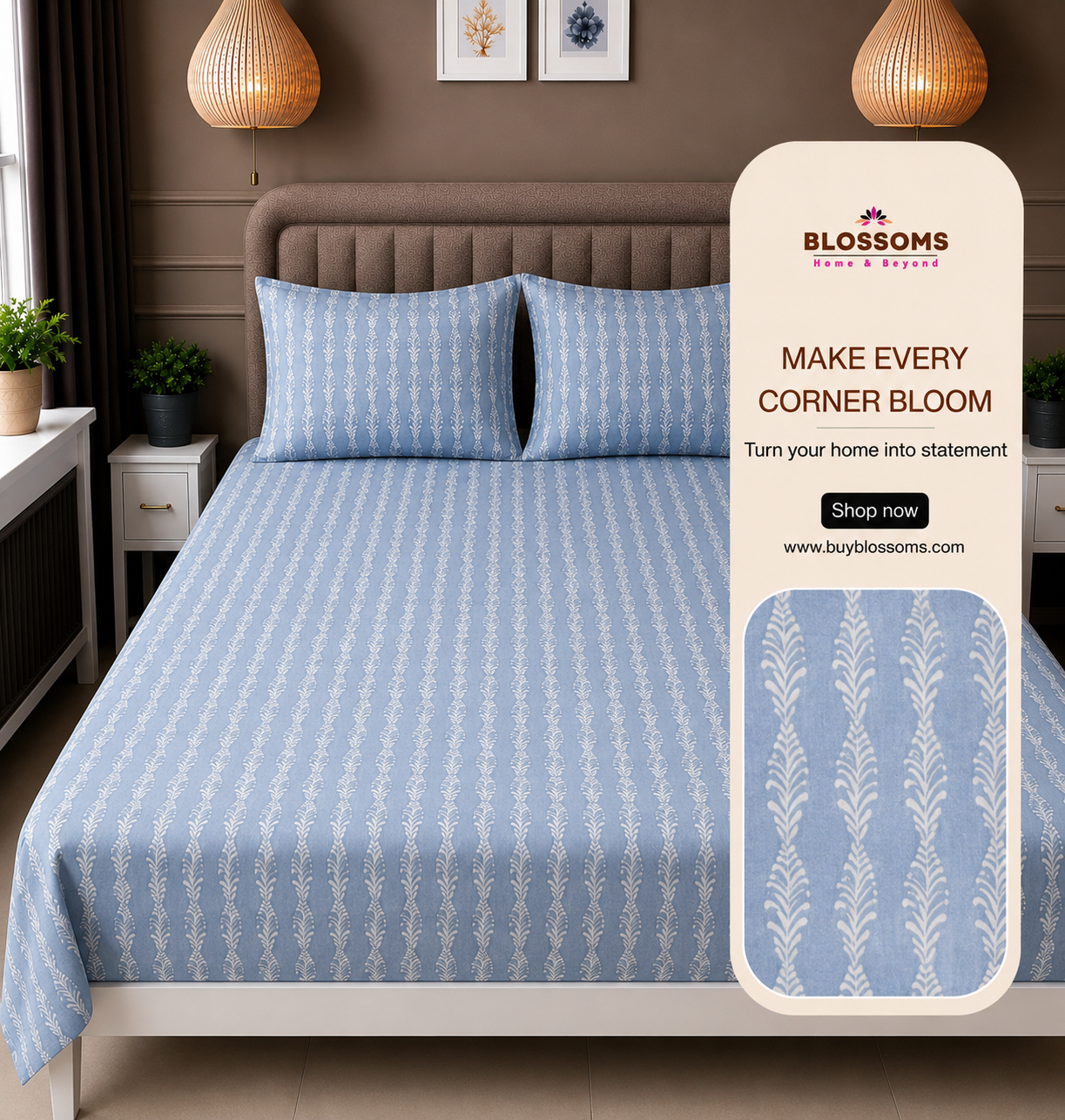 Blossoms Printed pure cotton bedsheet with 2 pillow cases .